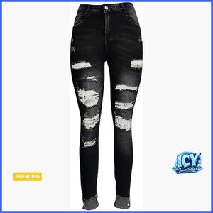 High Waisted Ripped Vintage Denim Jeans with Cuffed Hem